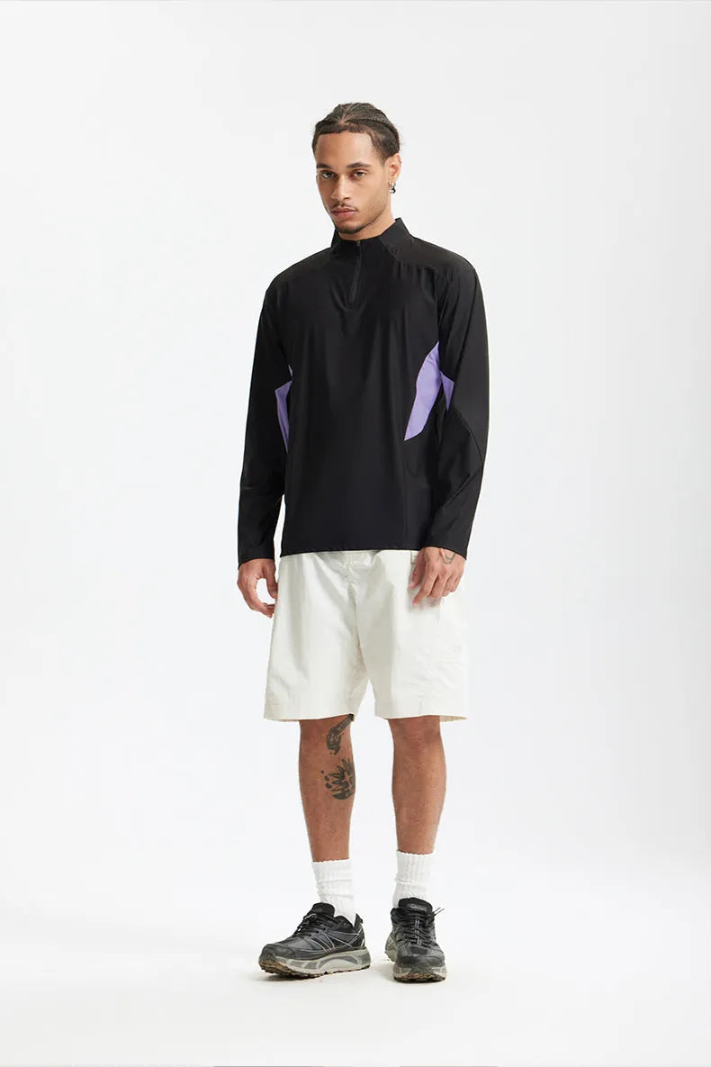 Men's solid colour polyester top with stitching detail, shown in black and beige with both long and short sleeve options