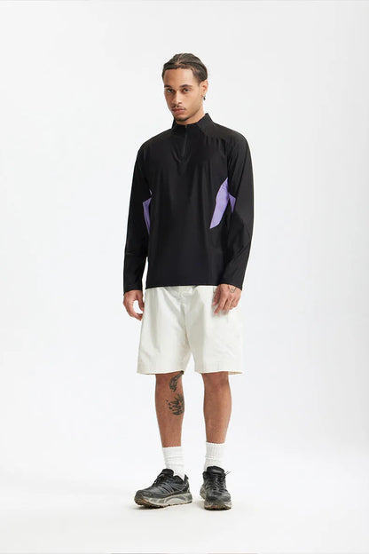 Men's solid colour polyester top with stitching detail, shown in black and beige with both long and short sleeve options