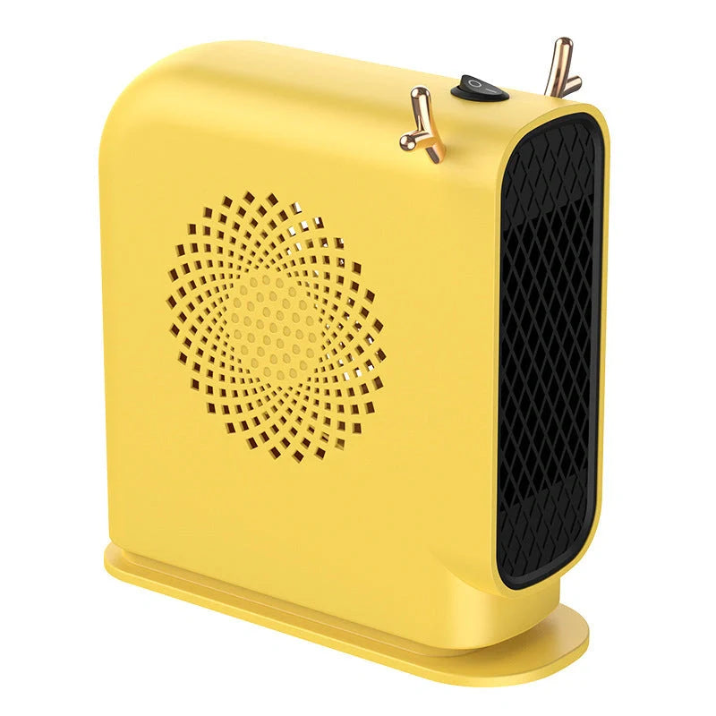Compact desktop heater in white, green, and yellow for small space warming