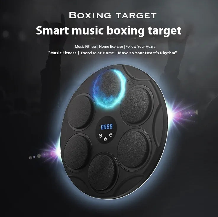 Smart Bluetooth boxing target with coloured LED lights mounted on wall for home fitness training