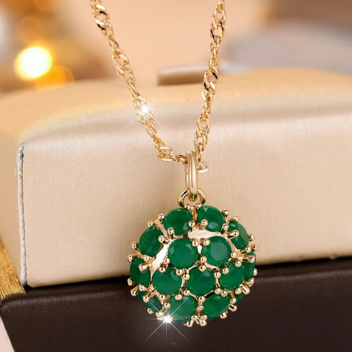 Golden green emerald diamond necklace with adjustable chain and geometry pendant