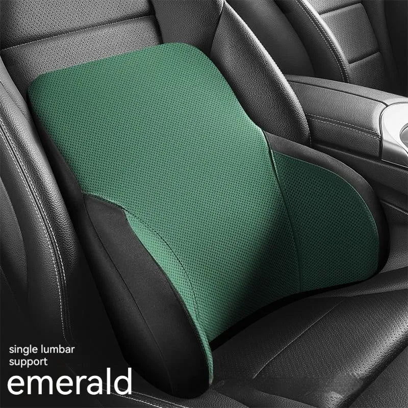 Memory foam car lumbar support pillow and matching headrest in knitted fabric with latex filler