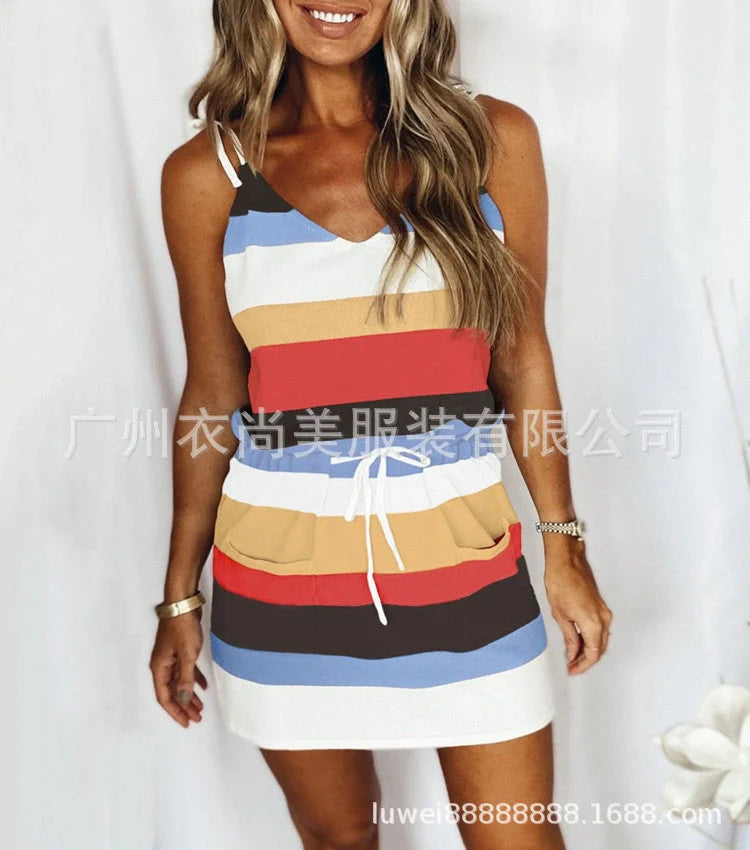 Cotton stripe drawstring summer dress for women in various colours