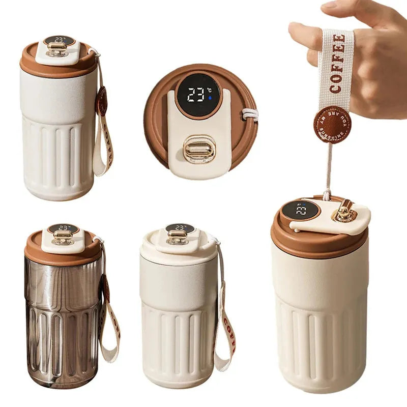Digital thermal insulated bottle with temperature display and handle, stainless steel construction, 450ml capacity