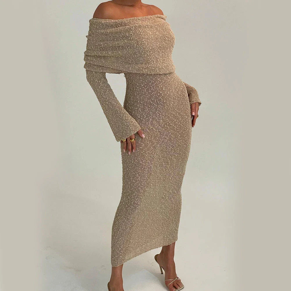 One-shoulder knit maxi dress in various colors, featuring a high-waisted silhouette and flowing skirt for a flattering and stylish look.