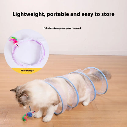 S-type cat tunnel toy with steel frame and elastic net construction, feather teaser attachment included