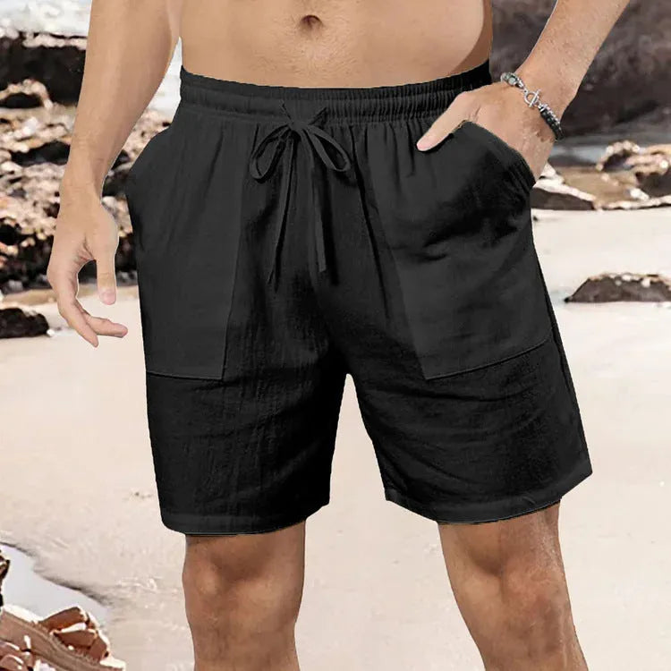 Men's light blue linen shorts with straight-leg cut on mannequin showing European sizing label