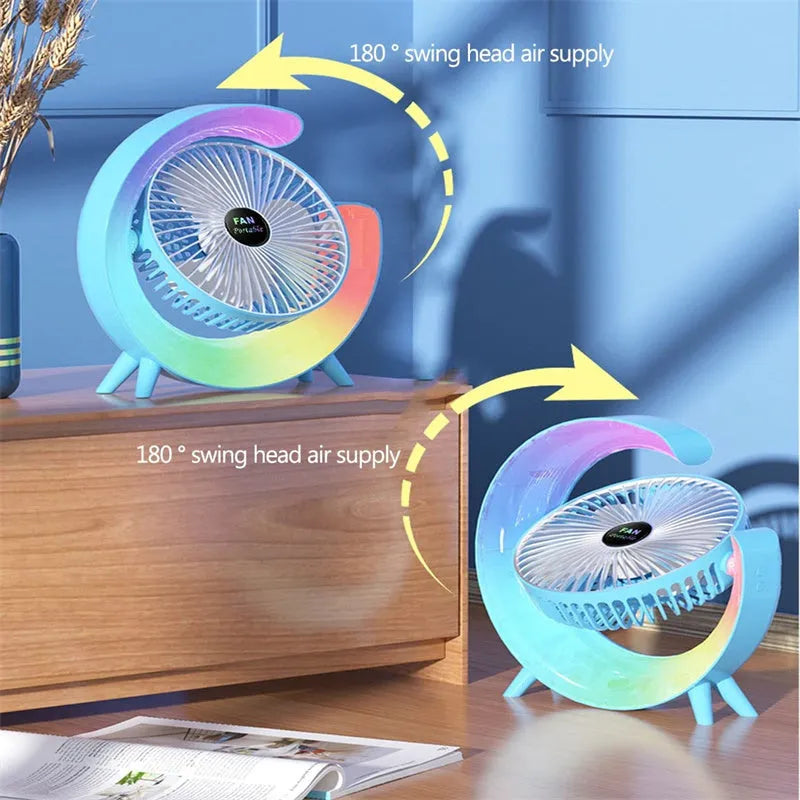 Grass green USB desktop fan with night light on a wooden desk