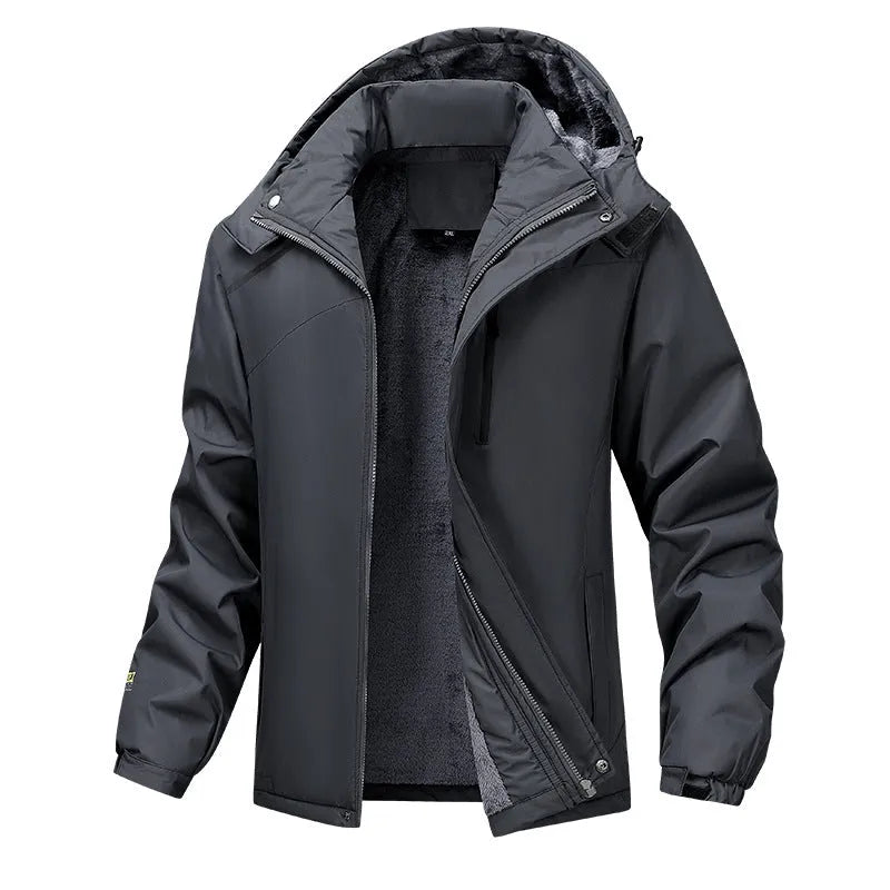 Plus size men's hooded waterproof coat in polyester, shown in army green colour.