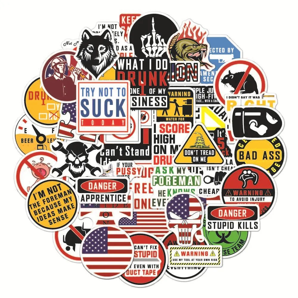 50-pack waterproof PVC warning stickers for motorcycle helmets and sports equipment