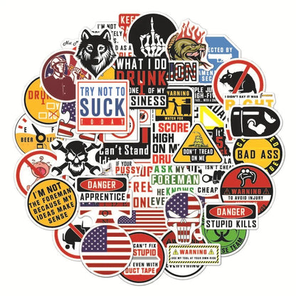 50-pack waterproof PVC warning stickers for motorcycle helmets and sports equipment