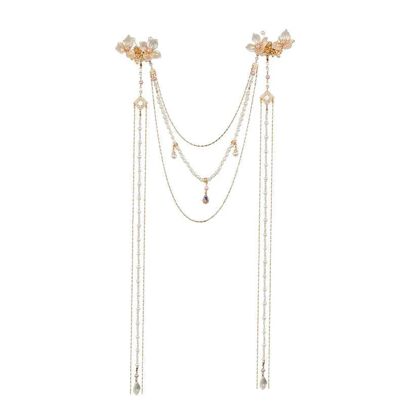 Gold acrylic women's hairpin with long tassel and pearl diamond accents