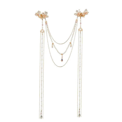 Gold acrylic women's hairpin with long tassel and pearl diamond accents