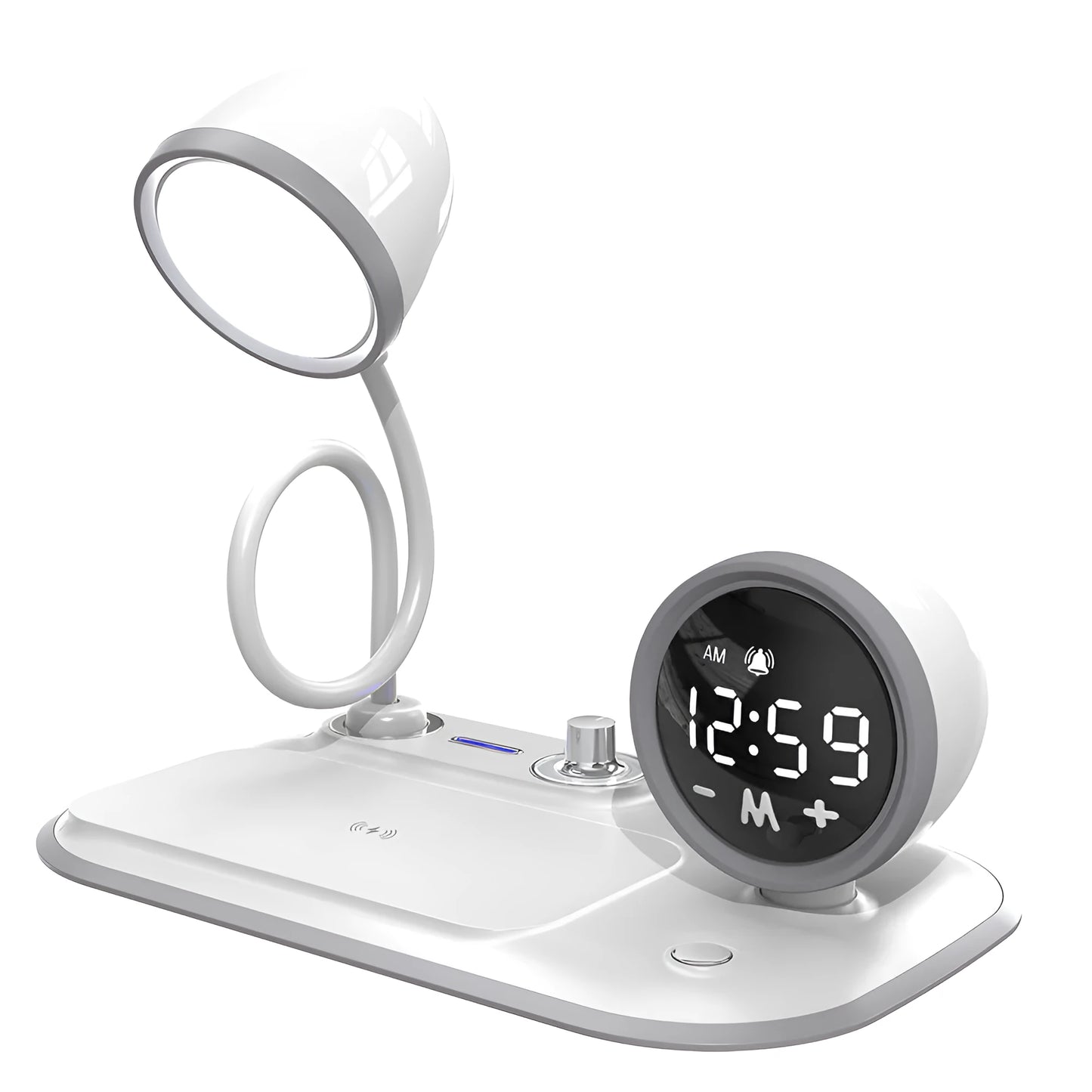 Three-in-one desk lamp with digital clock display, wireless charging pad, and adjustable lighting in black or white finish