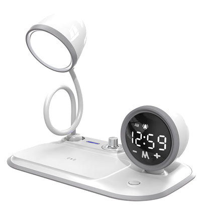Three-in-one desk lamp with digital clock display, wireless charging pad, and adjustable lighting in black or white finish