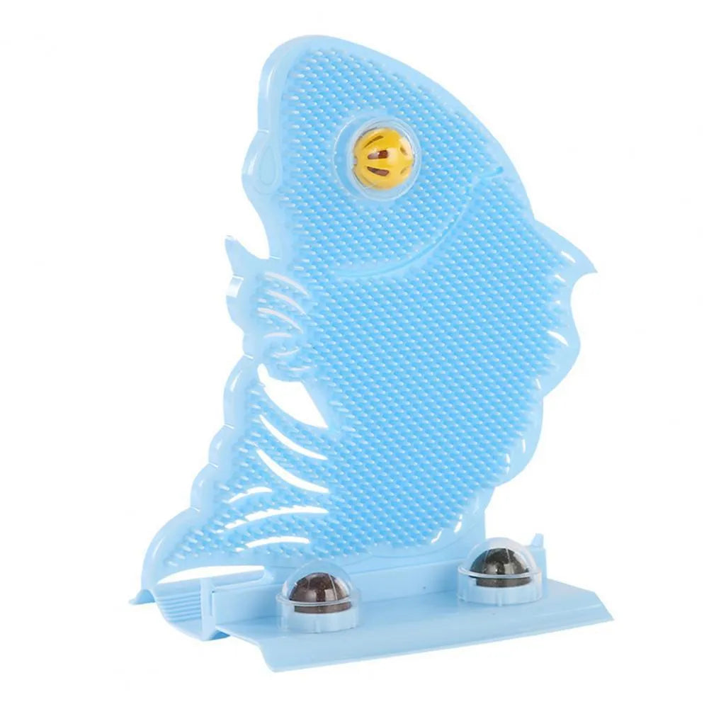 Blue plastic fish-shaped cat wall scratcher with grooming brush, catnip balls, and bell