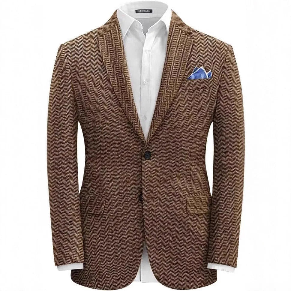 Men's single-breasted herringbone suit jacket, slim fit, brown or grey, sizes XS to 6XL
