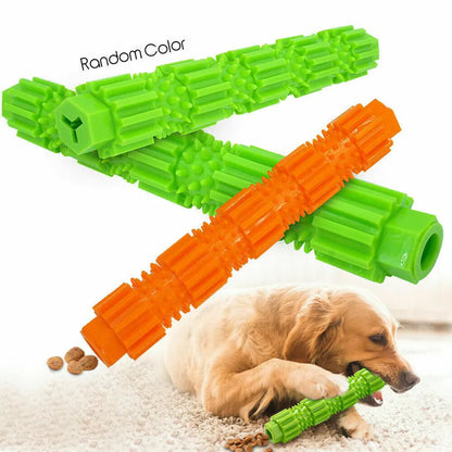 Green and orange rubber dog chew toy with treat dispensing compartment for aggressive chewing dogs