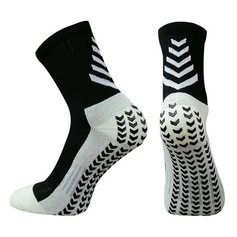 Men's mid-calf athletic socks with non-slip silicone grip for football, featuring quick-drying polyester fabric, antibacterial properties, and sweat-absorbent design in ten colour options.