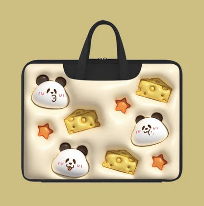 Inflatable laptop bag in PU leather with suitcase attachment strap and cute panda design print