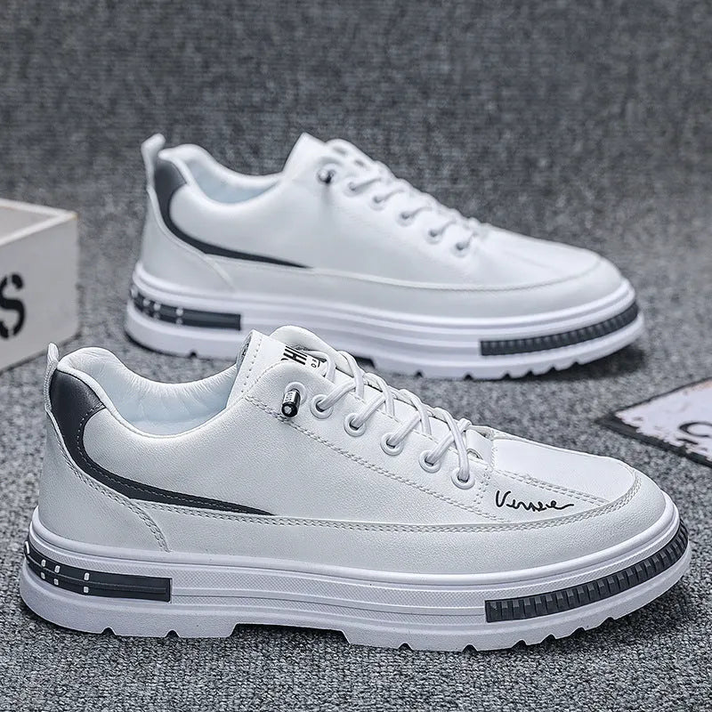 Men's white and black Korean style platform sneakers with elastic band and round toe.