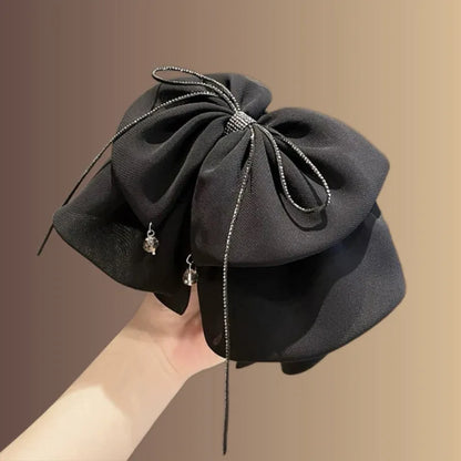 Korean style black chiffon bow claw hair clip with diamond tassel decorative elements
