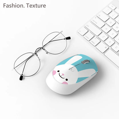 Wireless cartoon animal mini mouse showing compact dimensions and colourful design options including yellow tiger and blue rabbit variations