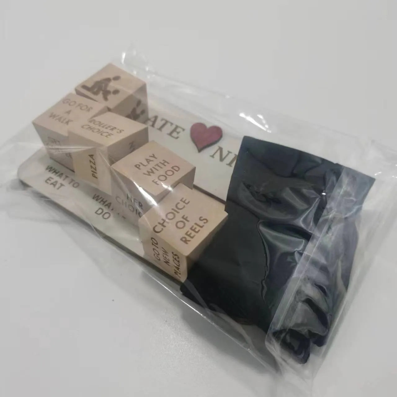 Wooden date night dice set with five 16x10cm dice, planner board, and black storage bag for couple activities