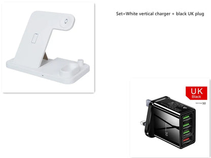 4-in-1 wireless charging station with adjustable magnetic stand charging phone, watch, earbuds, and stylus on a desk