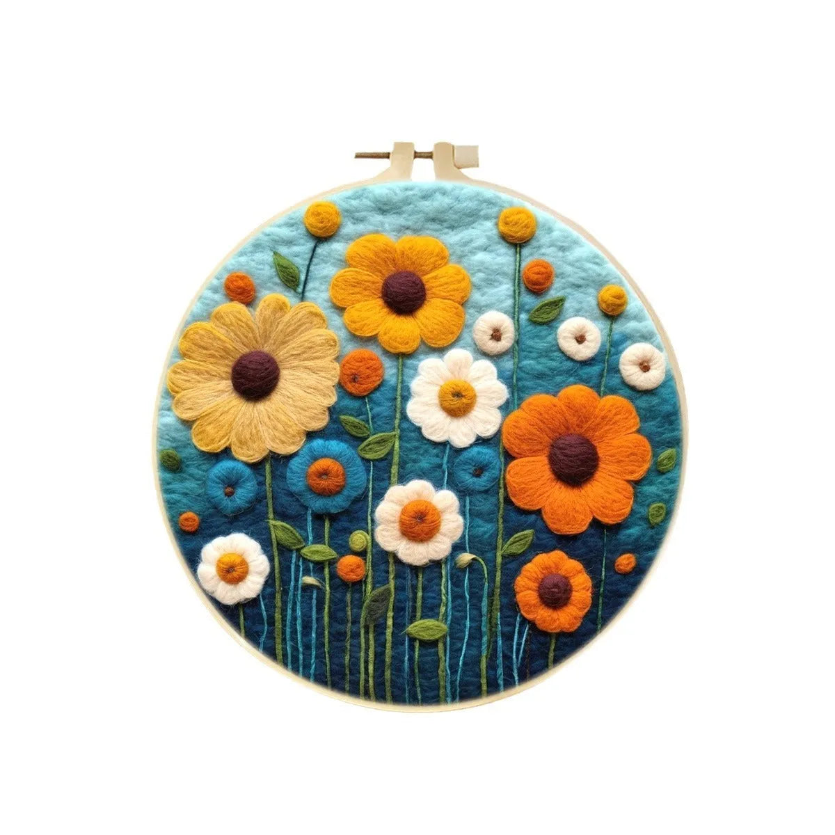 Round three-dimensional embroidery kit with linen fabric, wool felt pieces, and embroidery frame for 20x20 cm blanket painting