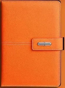 A5 notebook with imitation leather cover in colour options including black, red, green, blue, and orange.