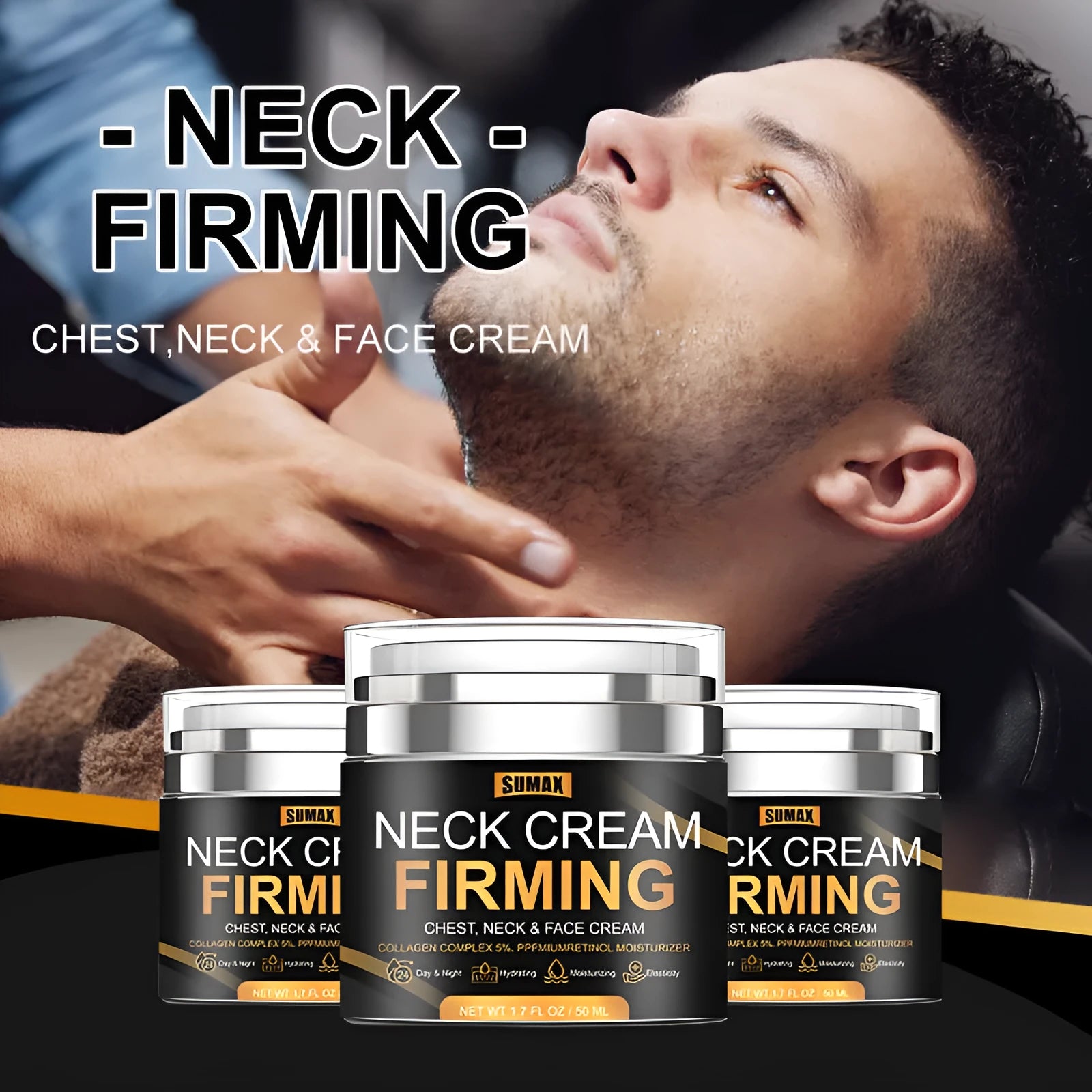 50ml bottle of men's neck cream for reducing lines and wrinkles with glycerin and hyaluronic acid