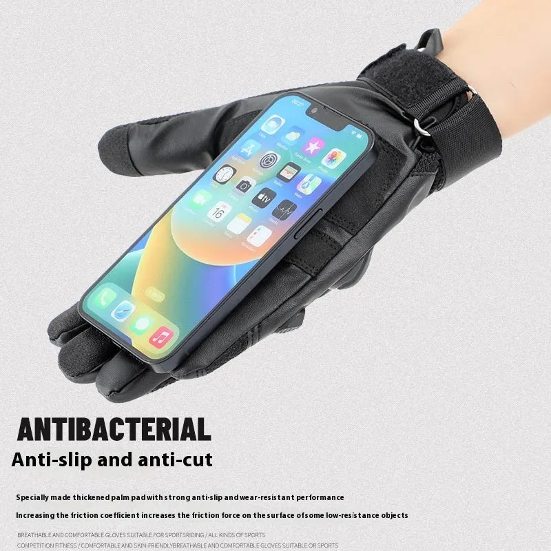 Men's black tactical gloves with touchscreen finger caps, shown in sizes M, L, XL for training use.