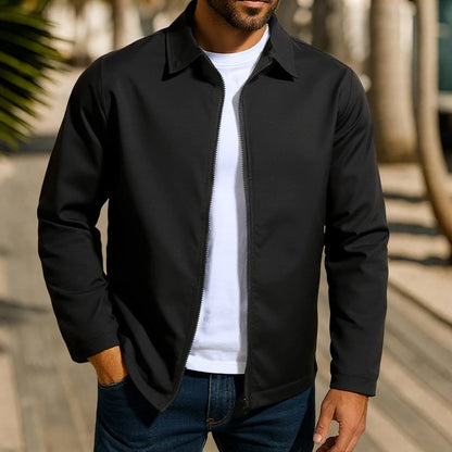 Men's green zip-up cardigan jacket with raglan sleeves on a hanger.