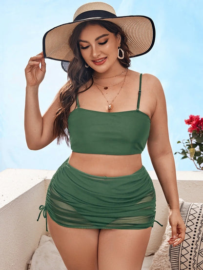 Women's solid colour mesh bikini three-piece set with top, underwear, and apron.