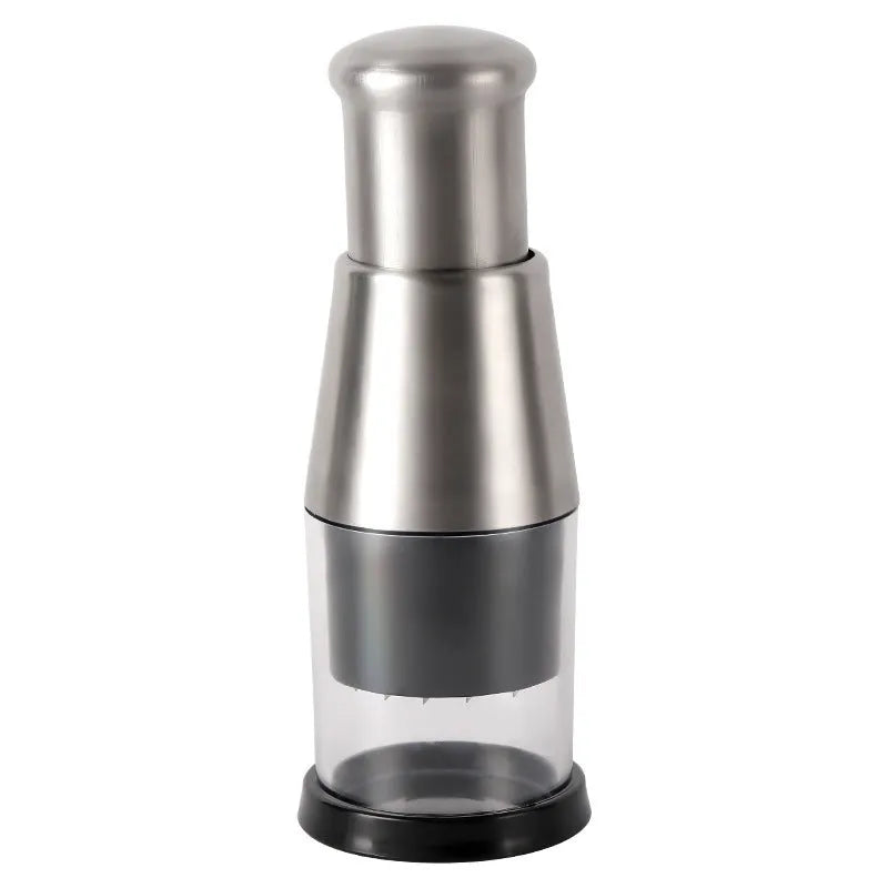 Black manual garlic press and onion chopper with stainless steel blades measuring 6x16cm