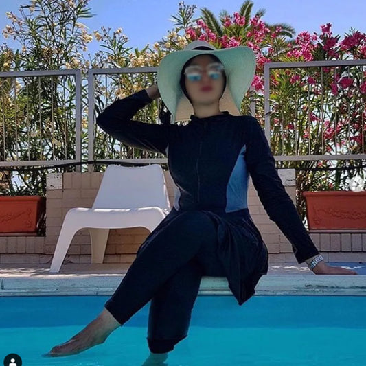 Conservative Muslim women's three-piece swimsuit in black polyester for full coverage and modesty