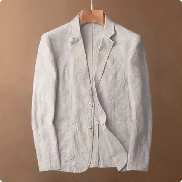 Men's lightweight linen blazer coat in solid colour on hanger showing simple design and size stick pocket