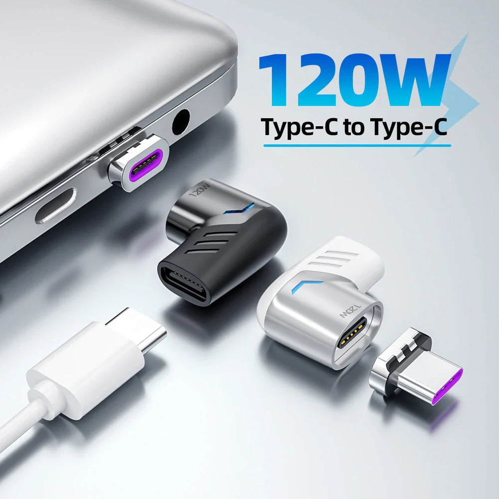 Dark grey magnetic charging adapter showing elbow connection design with multiple adapter heads for different device ports