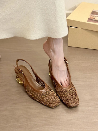 Apricot coloured women's square toe sandals with a woven pattern on the toe cap and an ankle strap.