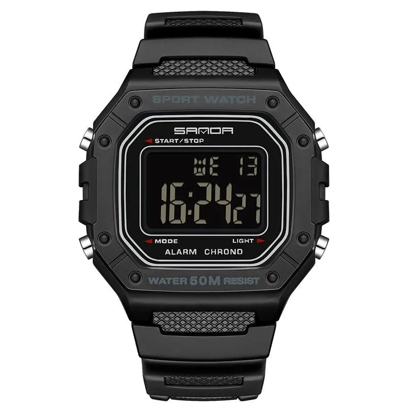 Waterproof electronic watch in multiple colour options including black, blue, green, white, and red combinations