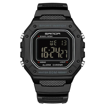 Waterproof electronic watch in multiple colour options including black, blue, green, white, and red combinations
