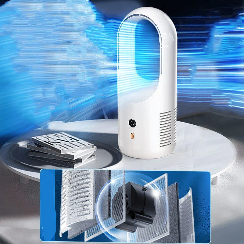 Ultra-quiet bladeless fan with adjustable settings, 360-degree air circulation, and rechargeable battery for desk or home use
