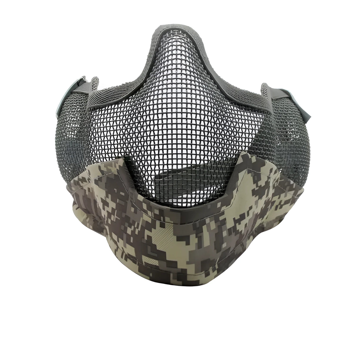 Carbon steel net protective face mask in camouflage pattern for outdoor field use.