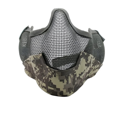 Carbon steel net protective face mask in camouflage pattern for outdoor field use.