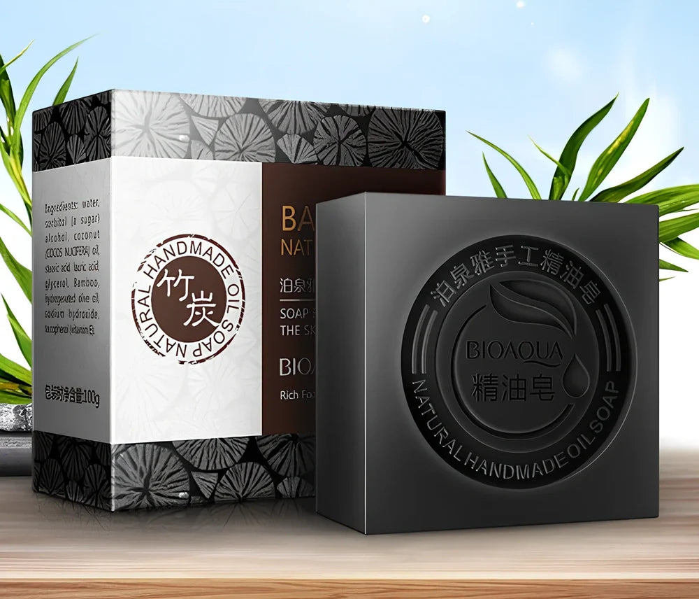 BIOAQUA 100g handmade essential oil soap bar with bamboo charcoal for acne cleansing and olive oil hydration