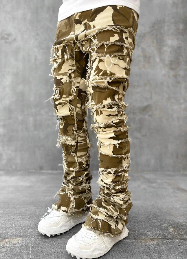 Men's slim-fit cotton jeans with unique patched design in various classic colors