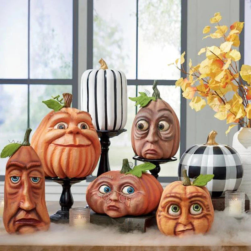 Premium resin pumpkin props in various sizes and expressions for spooky Halloween decor