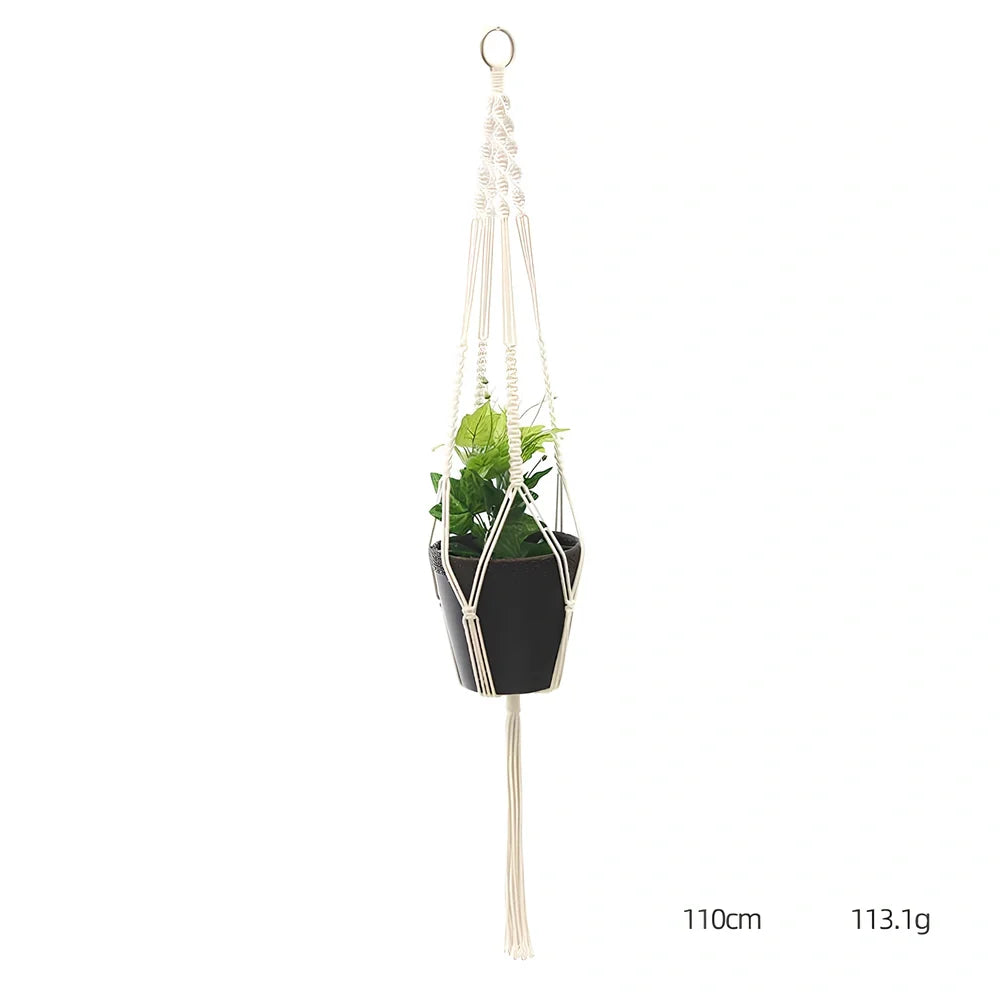Hand-knitted cotton flowerpot net bag showing intricate pattern and hanging installation with plant