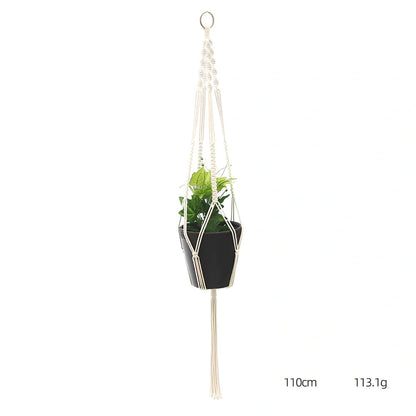 Hand-knitted cotton flowerpot net bag showing intricate pattern and hanging installation with plant